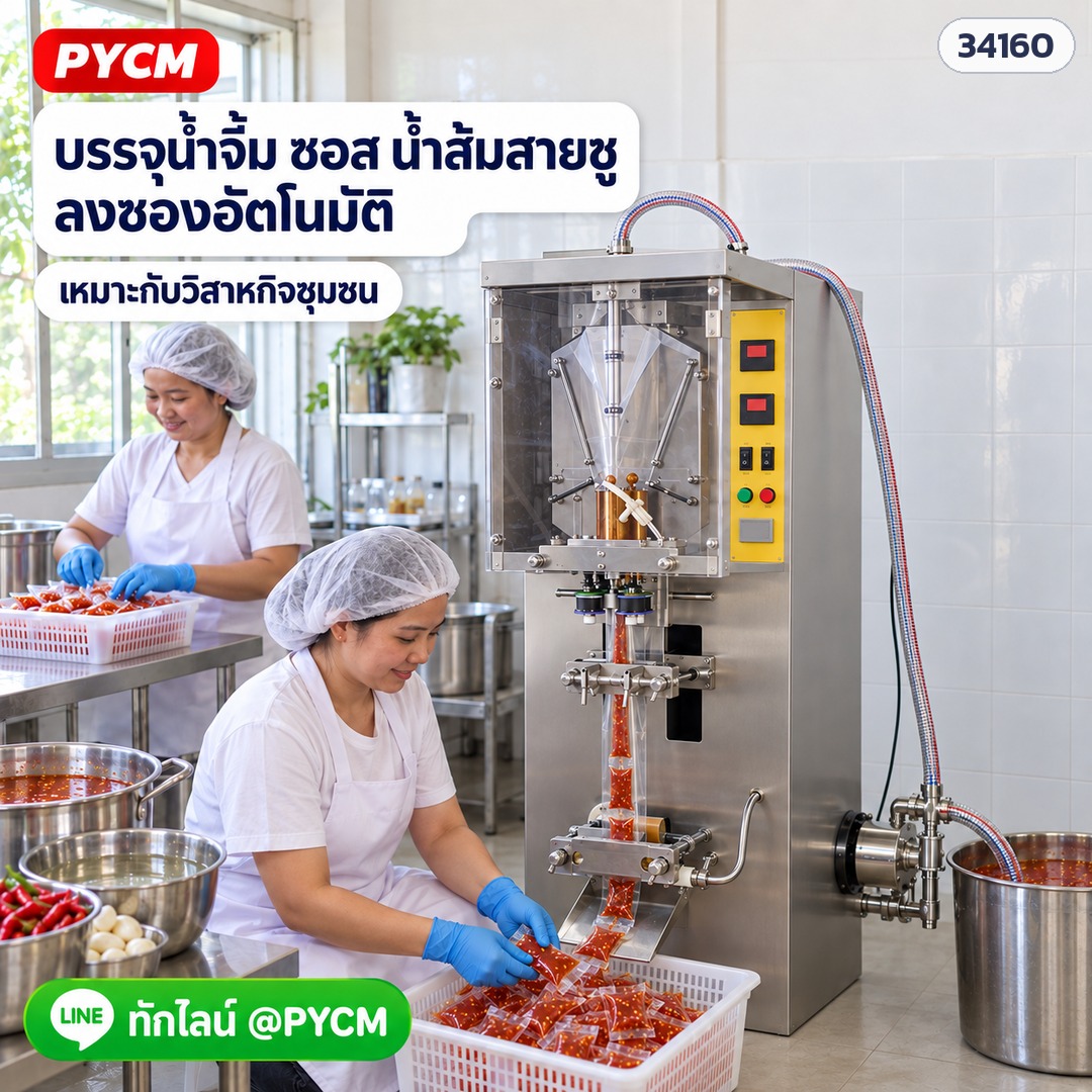 บรรจุน้ำจิ้ม ซอส น้ำส้มสายชูแบบเหลว ลงซองขนาด 50 มล. ขึ้นไป เหมาะกับวิสาหกิจชุมชน (ภาพจำลองการใช้งาน)