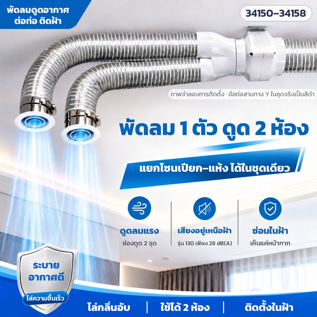 พัดลมดูดอากาศต่อท่อ ติดฝ้า ห้องน้ำ 1 ตัวใช้ได้ 1–2 ห้อง แรงลม 130 / 170 / 255 ลบ.ม./ชม. ไฟ 220V ชุดพร้อมท่ออ่อนและหน้ากาก 9 แบบ