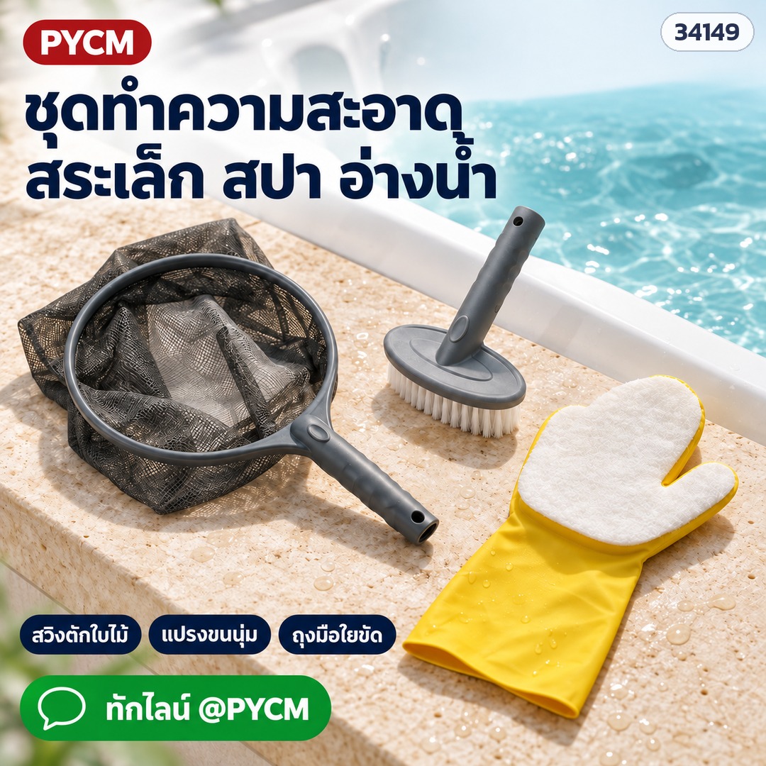 ชุดทำความสะอาดสระเล็ก PCK-01 ครบ 3 ชิ้น สวิงตักใบไม้ แปรงขนนุ่ม ถุงมือใยขัด วางข้างอ่างสปา (ภาพประกอบ)