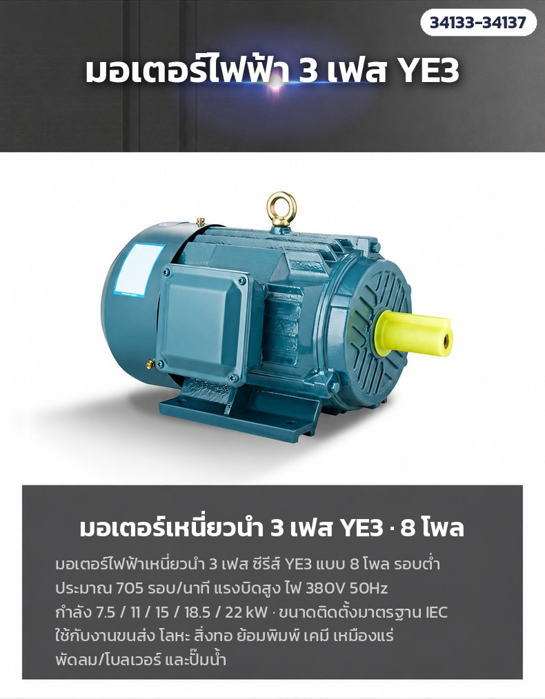 มอเตอร์เหนี่ยวนำ 3 เฟส YE3 8 โพล