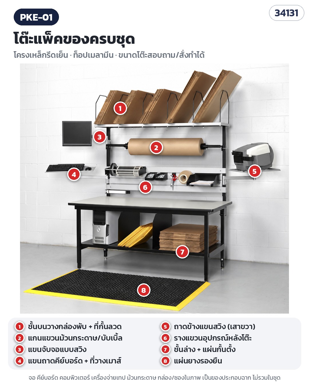 โต๊ะแพ็คของครบชุด ชั้นวางกล่อง แกนม้วนกระดาษ แขนจอ ถาดคีย์บอร์ด ถาดข้าง แผ่นยางรองยืน PKE-01