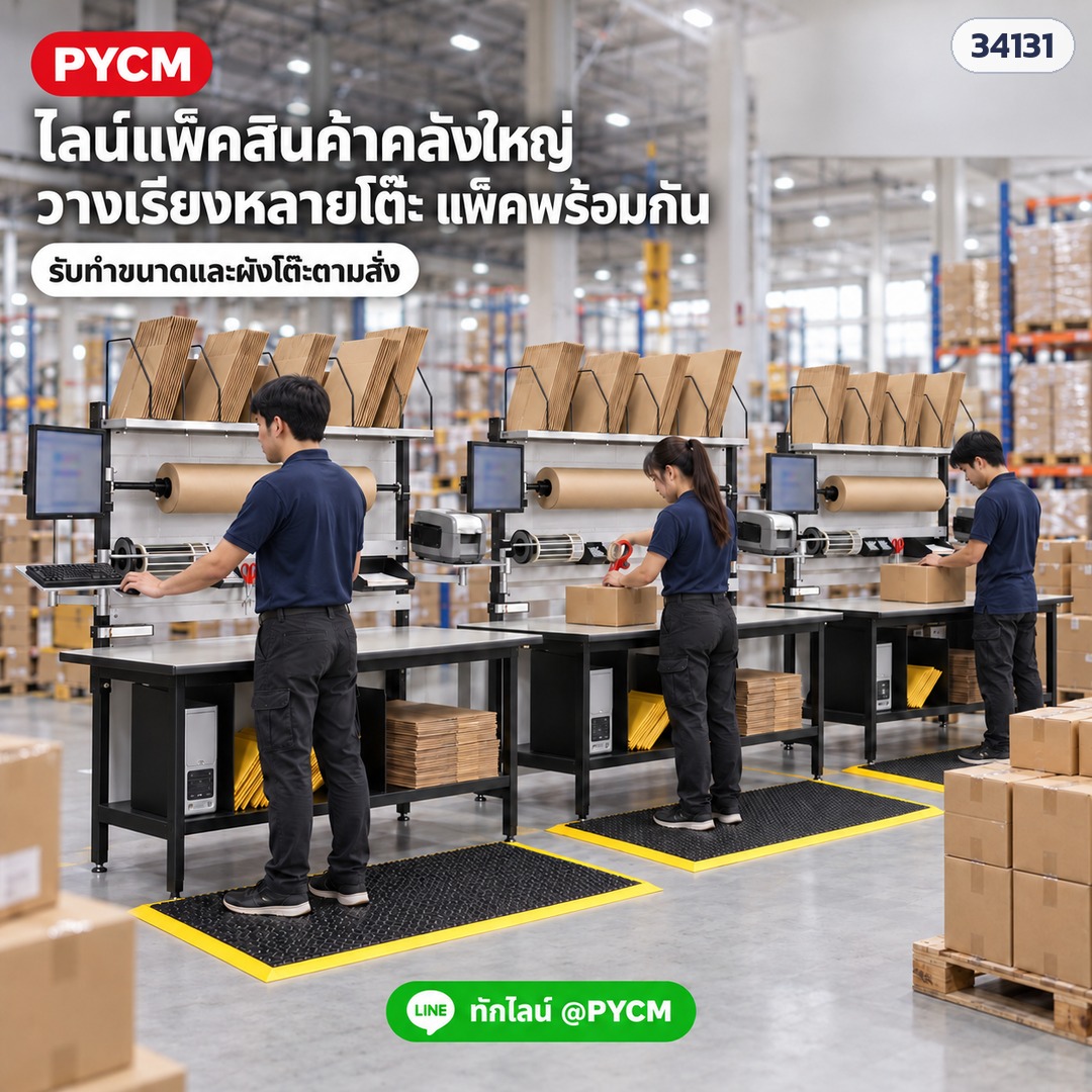 โต๊ะแพ็คของครบชุด PKE-01 – ไลน์แพ็คสินค้าคลังใหญ่ วางเรียงหลายโต๊ะ แพ็คพร้อมกัน · รับทำขนาดและผังโต๊ะตามสั่ง (ภาพโฆษณา)