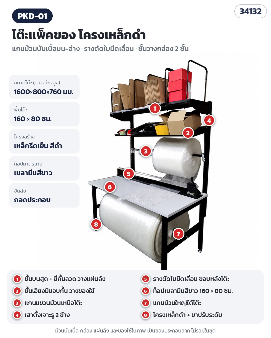 โต๊ะแพ็คของ โต๊ะบรรจุพัสดุ 160×80 ซม. โครงเหล็กดำ แกนม้วนบับเบิ้ลบน-ล่าง รางตัดใบมีดเลื่อน PKD-01
