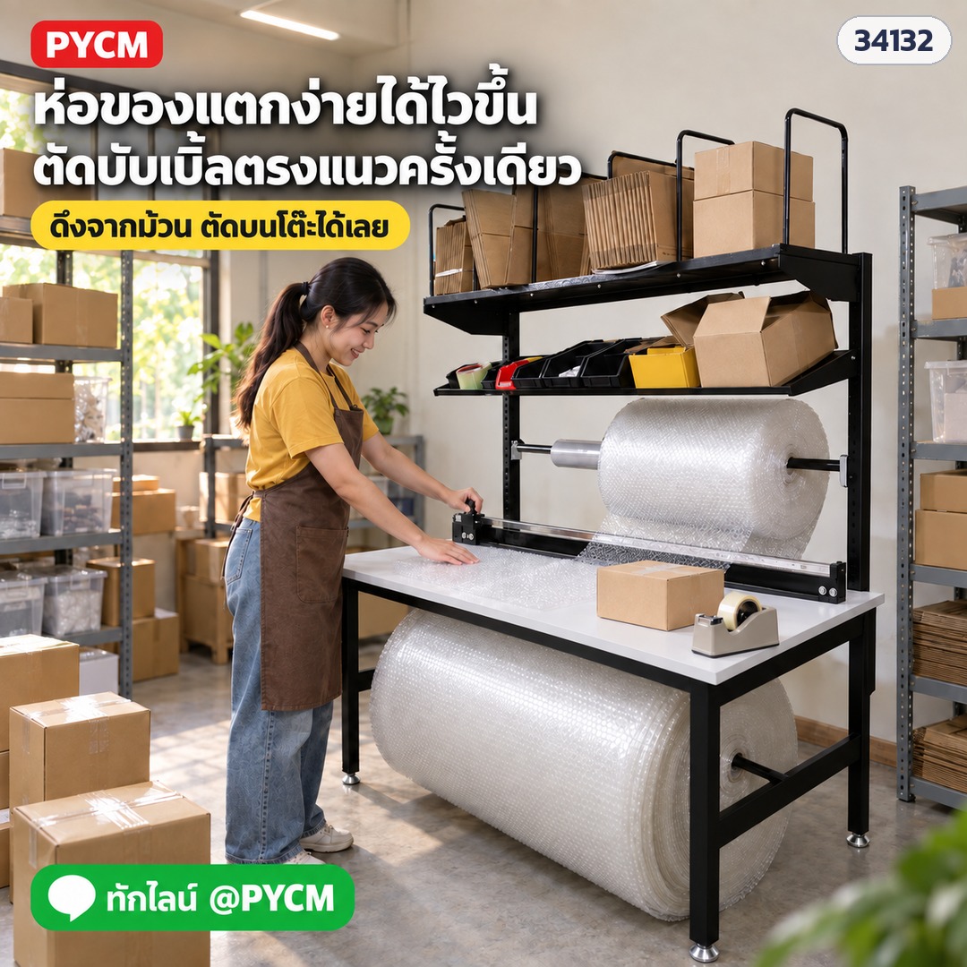 โต๊ะแพ็คของโครงดำ PKD-01 – ร้านออนไลน์ห่อของแตกง่าย ดึงบับเบิ้ลจากม้วนแล้วเลื่อนใบมีดตัดตรงแนวในครั้งเดียว (ภาพประกอบ)