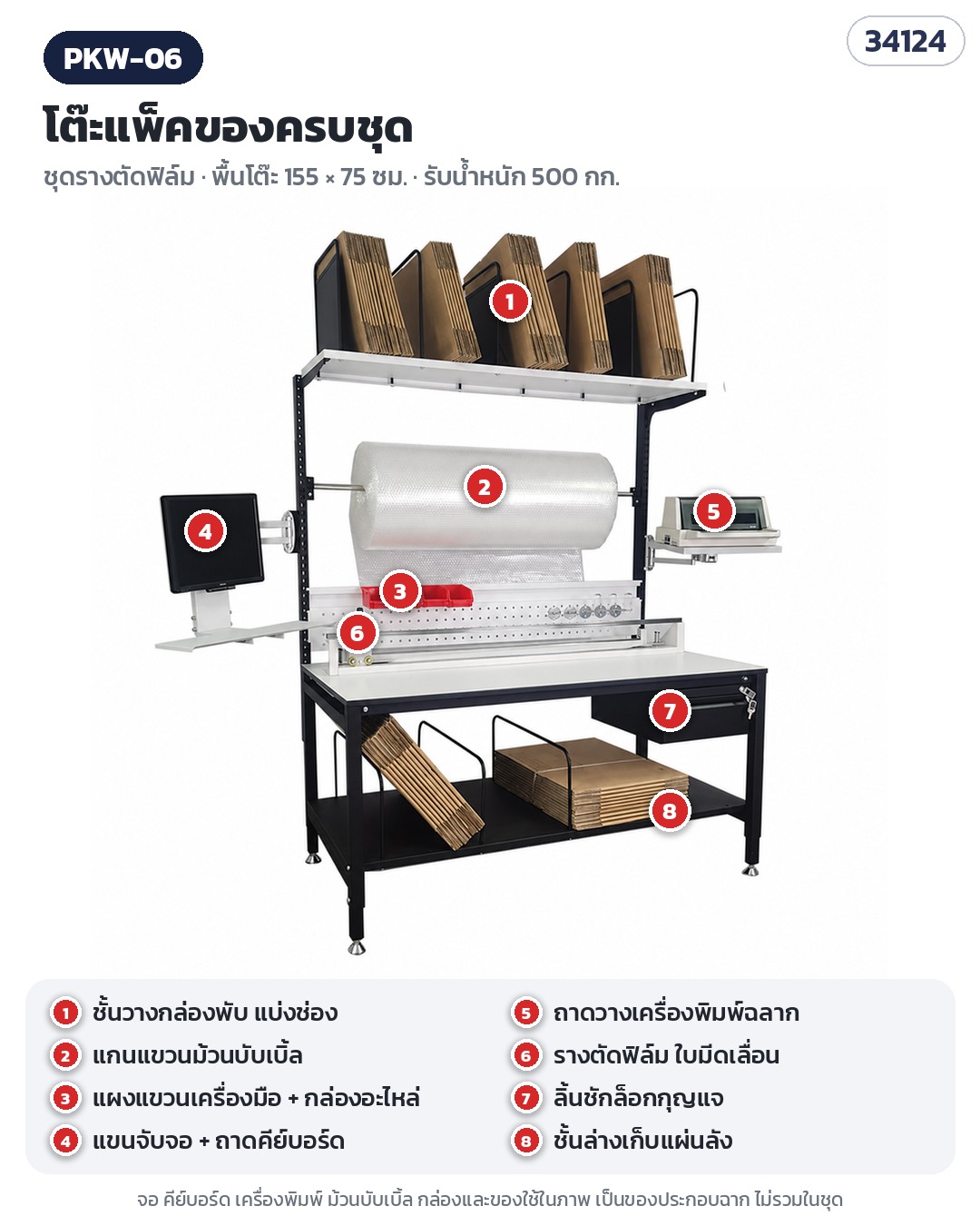 โต๊ะแพ็คของครบชุด – PKW-06 รางตัดฟิล์ม + จอ + เครื่องพิมพ์ + ลิ้นชัก — แกนม้วน + รางตัดฟิล์มใบมีดเลื่อนขอบหลังโต๊ะ + แขนจอ + ถาดเครื่องพิมพ์ + ลิ้นชักล็อก (ไม่มีชั้นกลาง)