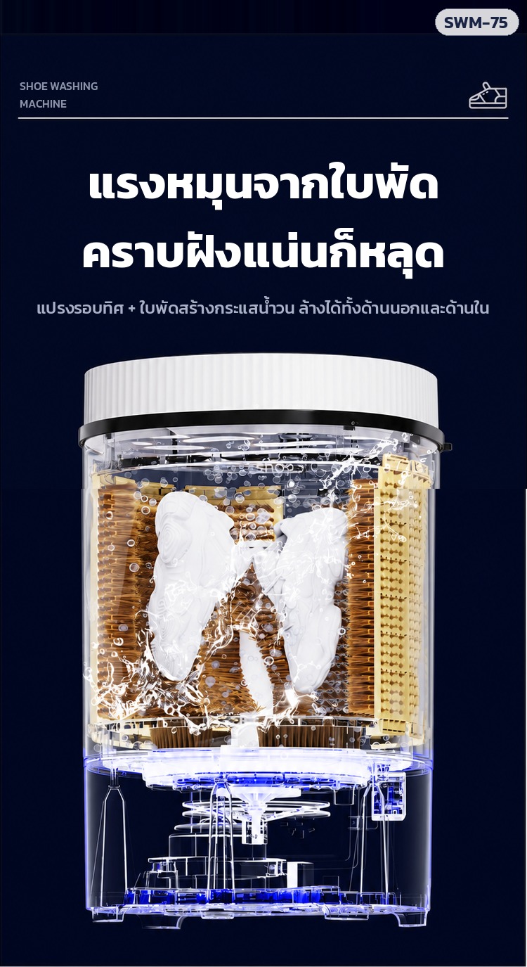 เครื่องซักรองเท้า SWM-75 – แรงหมุนจากใบพัดสร้างกระแสน้ำวน คราบฝังแน่นก็หลุด