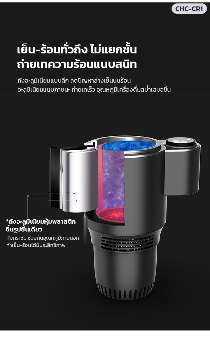 แก้วทำเย็น-ร้อนในรถยนต์ – ถังอะลูมิเนียมแบบลึก แนบกับภาชนะ ถ่ายเทความเย็น/ความร้อนได้ทั่วถึง