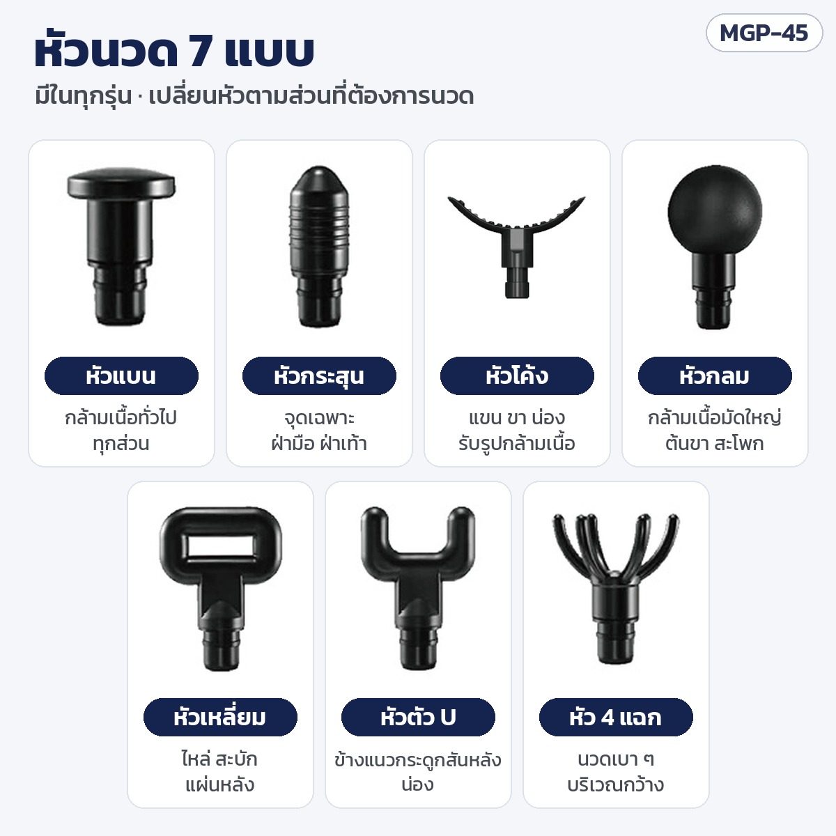 ปืนนวดกล้ามเนื้อ MGP-45 – หัวนวด 7 แบบ มีในทุกรุ่น เปลี่ยนหัวตามส่วนที่ต้องการนวด