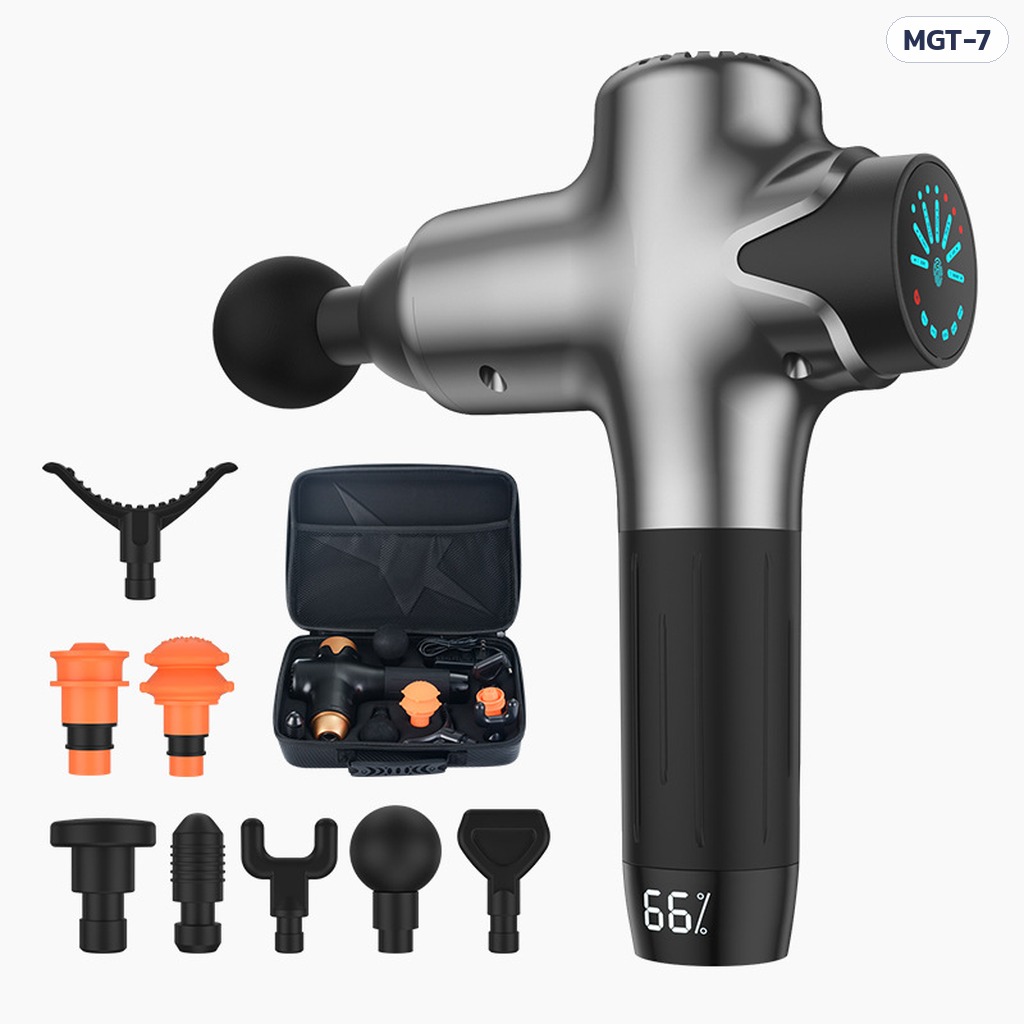 ปืนนวดกล้ามเนื้อ MGT-7 – ครบชุด ตัวเครื่อง หัวนวด 8 แบบ และกระเป๋าเก็บแบบแข็งมีซิป