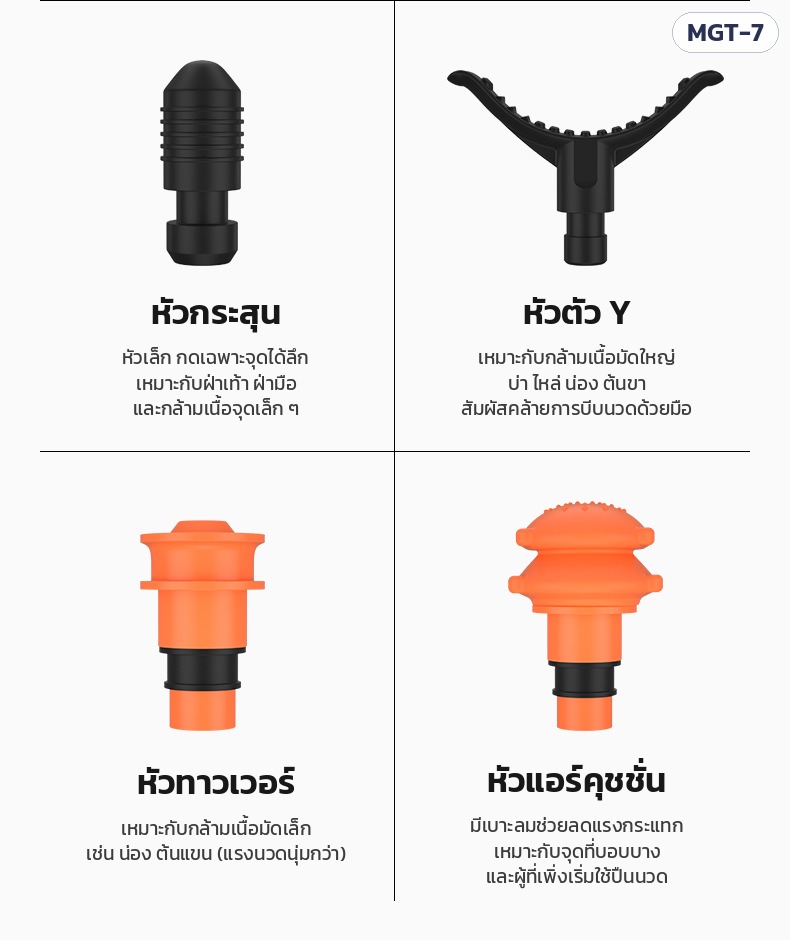 ปืนนวดกล้ามเนื้อ MGT-7 – หัวกระสุน หัวตัว Y หัวทาวเวอร์ หัวแอร์คุชชั่น