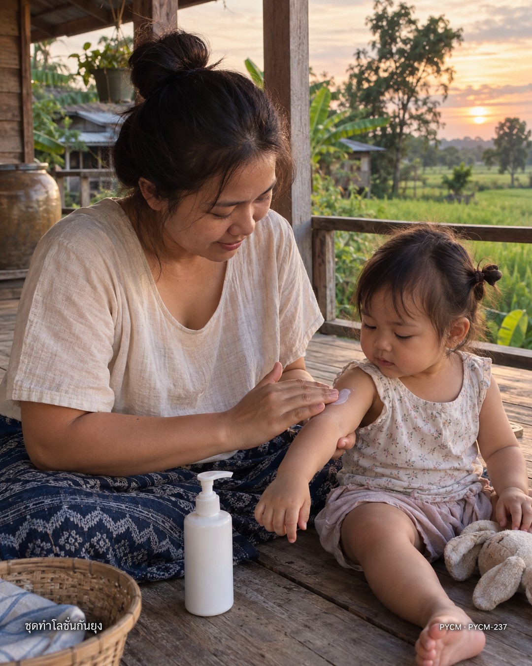 คุณแม่ทาโลชั่นกันยุงให้ลูกที่ชานบ้าน