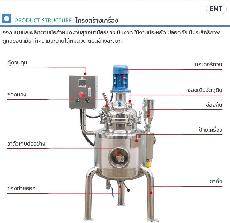 ถังกวนผสมอิมัลซิไฟเออร์ ให้ความร้อน – โครงสร้างเครื่อง ตู้ควบคุม มอเตอร์กวน ช่องเติม ช่องล้น วาล์วเก็บตัวอย่าง