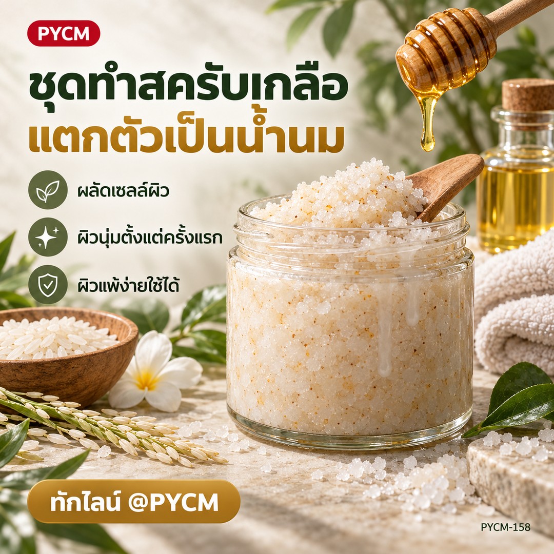 ชุดทำ สครับเกลือ แตกตัวเป็นน้ำนม (1 กก.) น้ำผึ้ง น้ำมันรำข้าว วิตามินอี PYCM-158