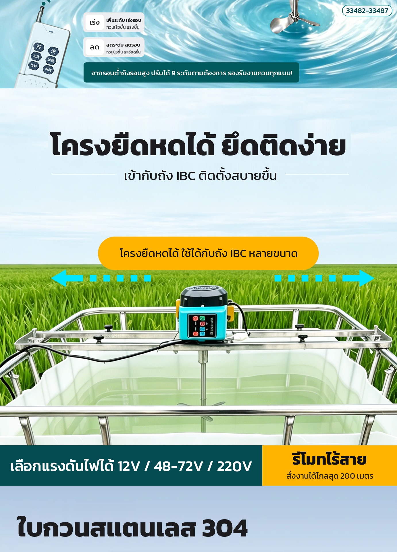รีโมทเร่ง-ลดรอบ และขาตั้งยืดหดเข้ากับถัง IBC