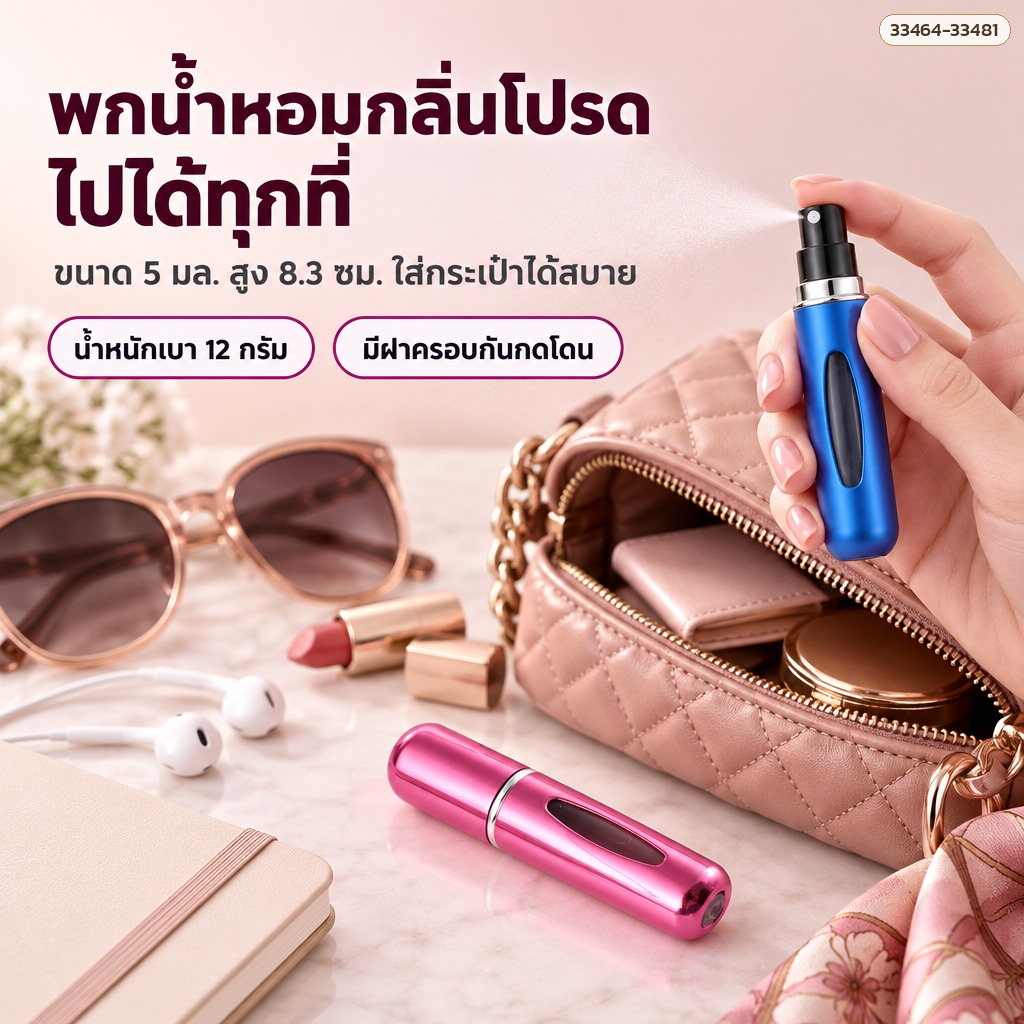 ขวดแบ่งน้ำหอมพกพา 5 มล. สูง 8.3 ซม. น้ำหนัก 12 กรัม ใส่กระเป๋าได้สบาย