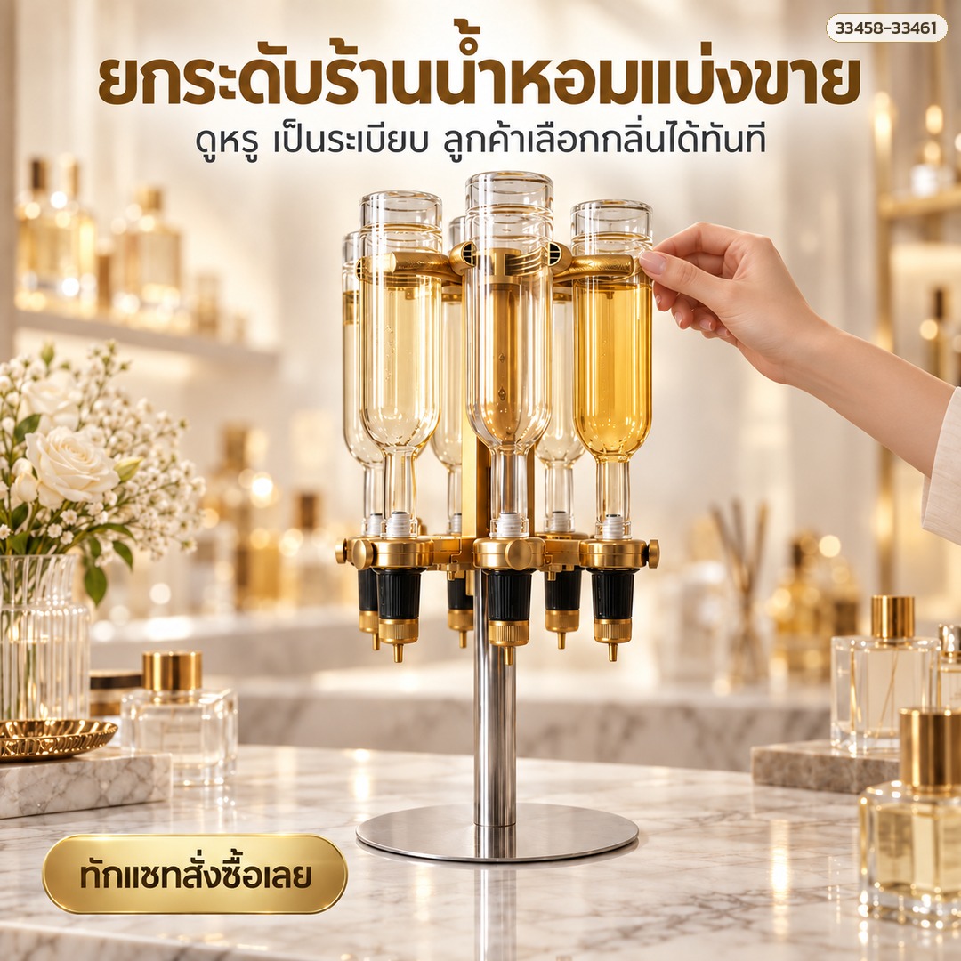 ยกระดับร้านน้ำหอมแบ่งขายด้วยชั้นหมุนแบ่งน้ำหอม 6 หัวปั๊ม สีทอง