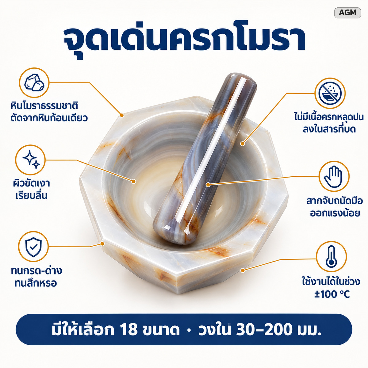 จุดเด่นครกโมรา ตัดจากหินก้อนเดียว ผิวขัดเงา ทนกรด-ด่าง ไม่มีเนื้อครกหลุดปน สากจับถนัดมือ ใช้งานได้ ±100 °C