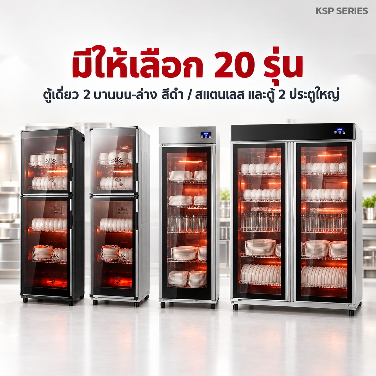 มีให้เลือก 20 รุ่น ตู้เดี่ยว 2 บาน บน-ล่าง สีดำ / สแตนเลส และตู้ประตูกระจก 4 ขนาด
