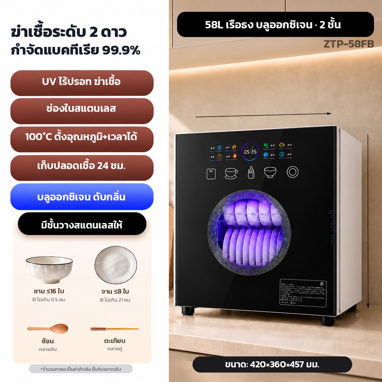รุ่น ZTP-58FB — 58 ลิตร ชั้นวาง 2 ชั้น สีดำ · เรือธง จอสีระบบสัมผัส + โหมดบลูออกซิเจน (AOP) ดับกลิ่น ปรับอุณหภูมิได้สูงสุด 100 °C ตั้งเวลาได้ โหมดเก็บรักษา 24 ชม. · ตู้ 420×360×457 มม. · ชาม ≈16 ใบ จาน ≈8 ใบ ต่อรอบ · เหมาะกับ 2-4 คน · กล่อง 47.5×42.5×55.5 ซม. 6 กก.