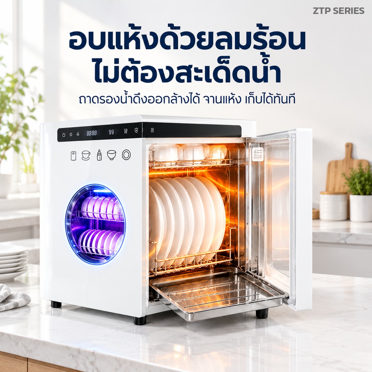 อบแห้งด้วยลมร้อน ไม่ต้องสะเด็ดน้ำ ถาดรองน้ำดึงออกล้างได้ จานแห้ง เก็บได้ทันที