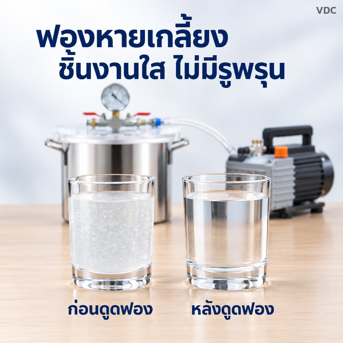 ฟองหายเกลี้ยง ชิ้นงานใส ไม่มีรูพรุน ก่อนและหลังดูดฟอง