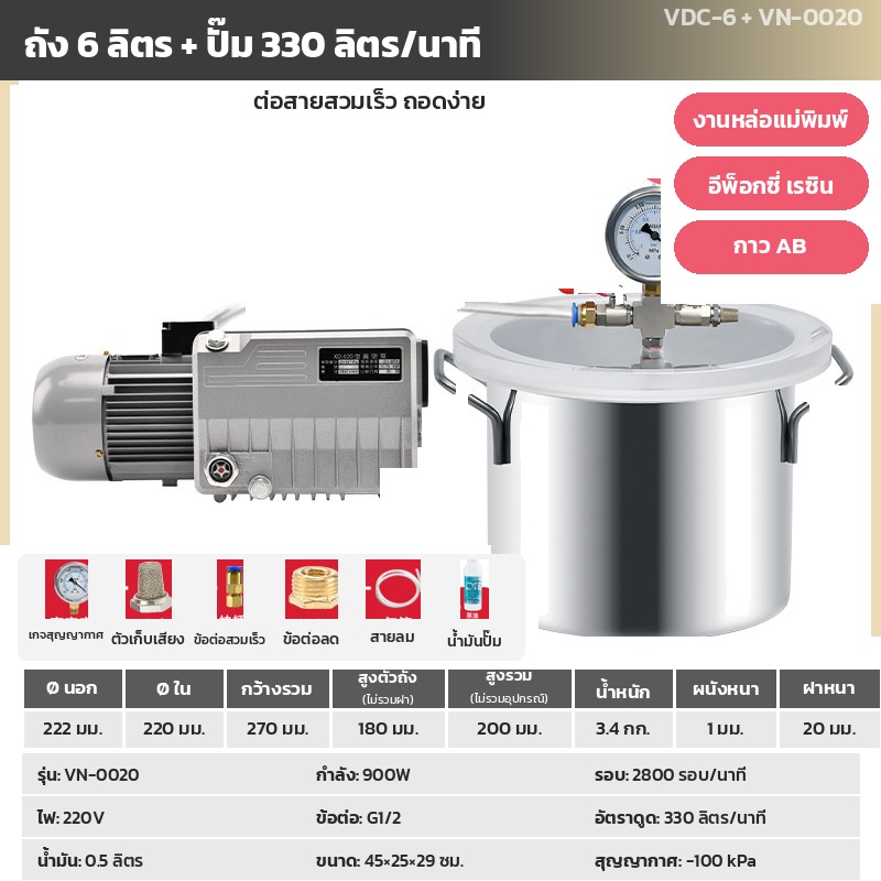 ชุดถัง 6 ลิตร + ปั๊ม VN-0020 (ปั๊มโรตารีเวน 330 ลิตร/นาที) ต่อสายสวมเร็ว ถอดง่าย
