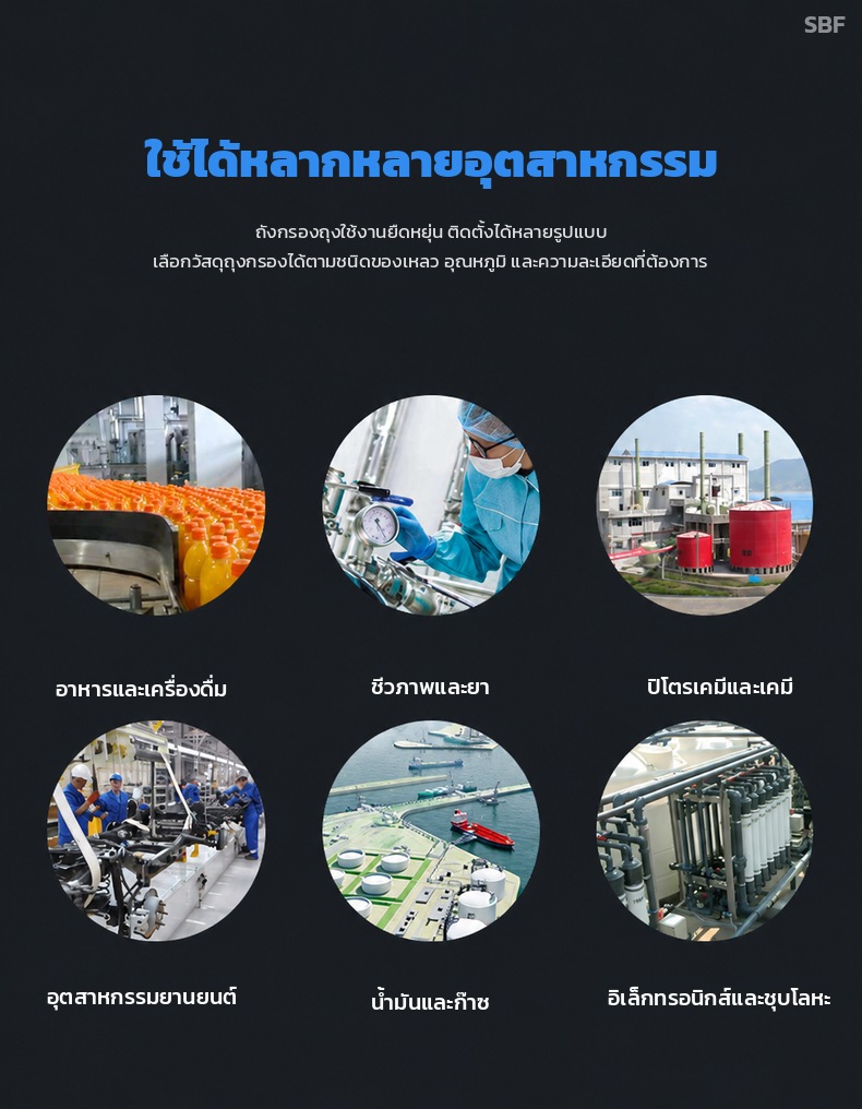 ใช้ได้หลากหลายอุตสาหกรรม อาหารและเครื่องดื่ม ชีวภาพและยา ปิโตรเคมี ยานยนต์ น้ำมันและก๊าซ อิเล็กทรอนิกส์และชุบโลหะ