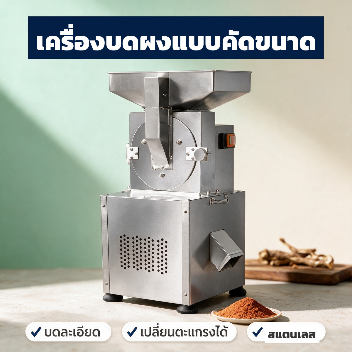 เครื่องบดผงสมุนไพรแบบคัดขนาด ตัวถังสแตนเลส เปลี่ยนตะแกรงได้ 60-200 เมช