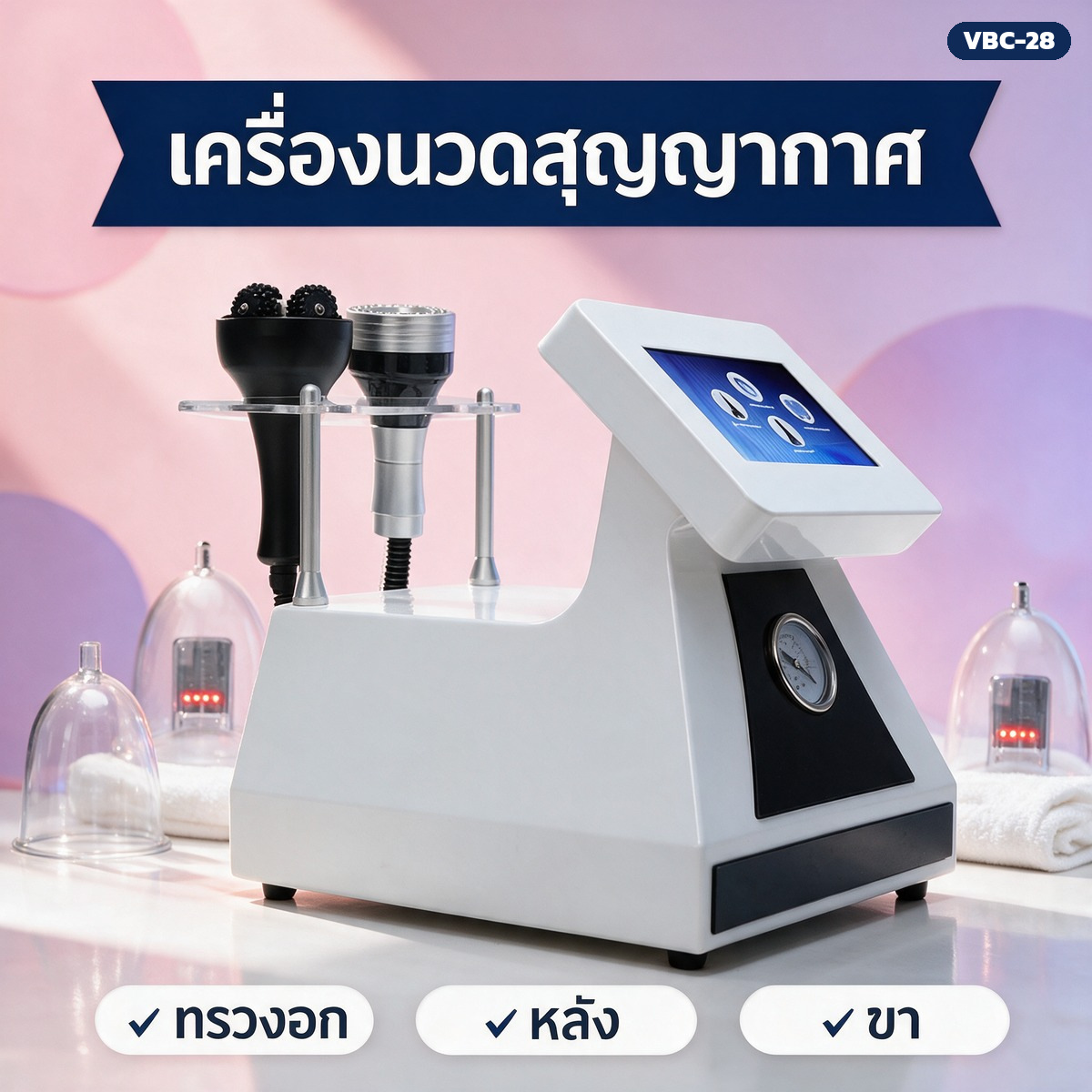 เครื่องนวดสุญญากาศ ถ้วยครอบ 28 ใบ + ถ้วยอินฟราเรดแบบสั่น 4 ใบ วาล์วแยกลม 12 ช่อง ใช้ได้ 2 คนพร้อมกัน รุ่น VBC-28