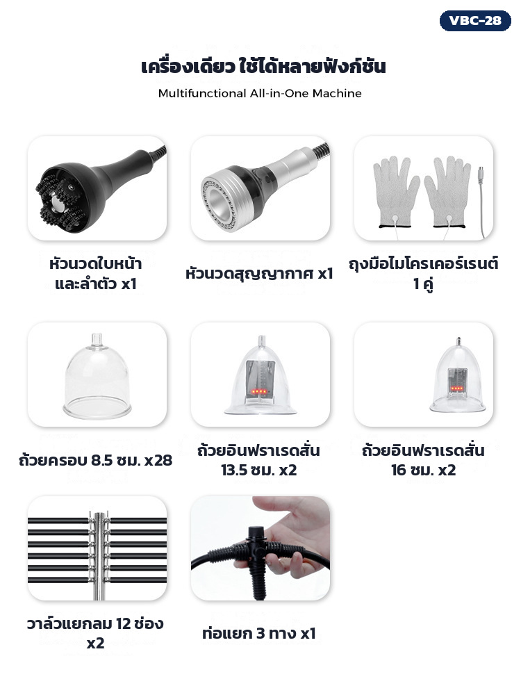 อุปกรณ์ครบชุด หัวนวด 2 หัว ถุงมือไมโครเคอร์เรนต์ ถ้วยครอบ ถ้วยอินฟราเรด และวาล์วแยกลม