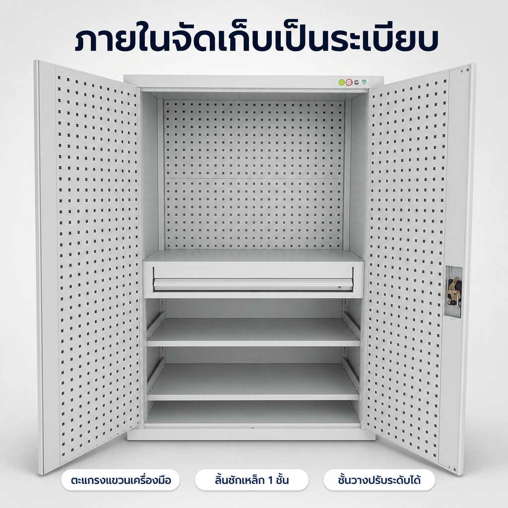 ภายในตู้เก็บเครื่องมือช่าง SSM-01 ตะแกรง ลิ้นชัก และชั้นวาง