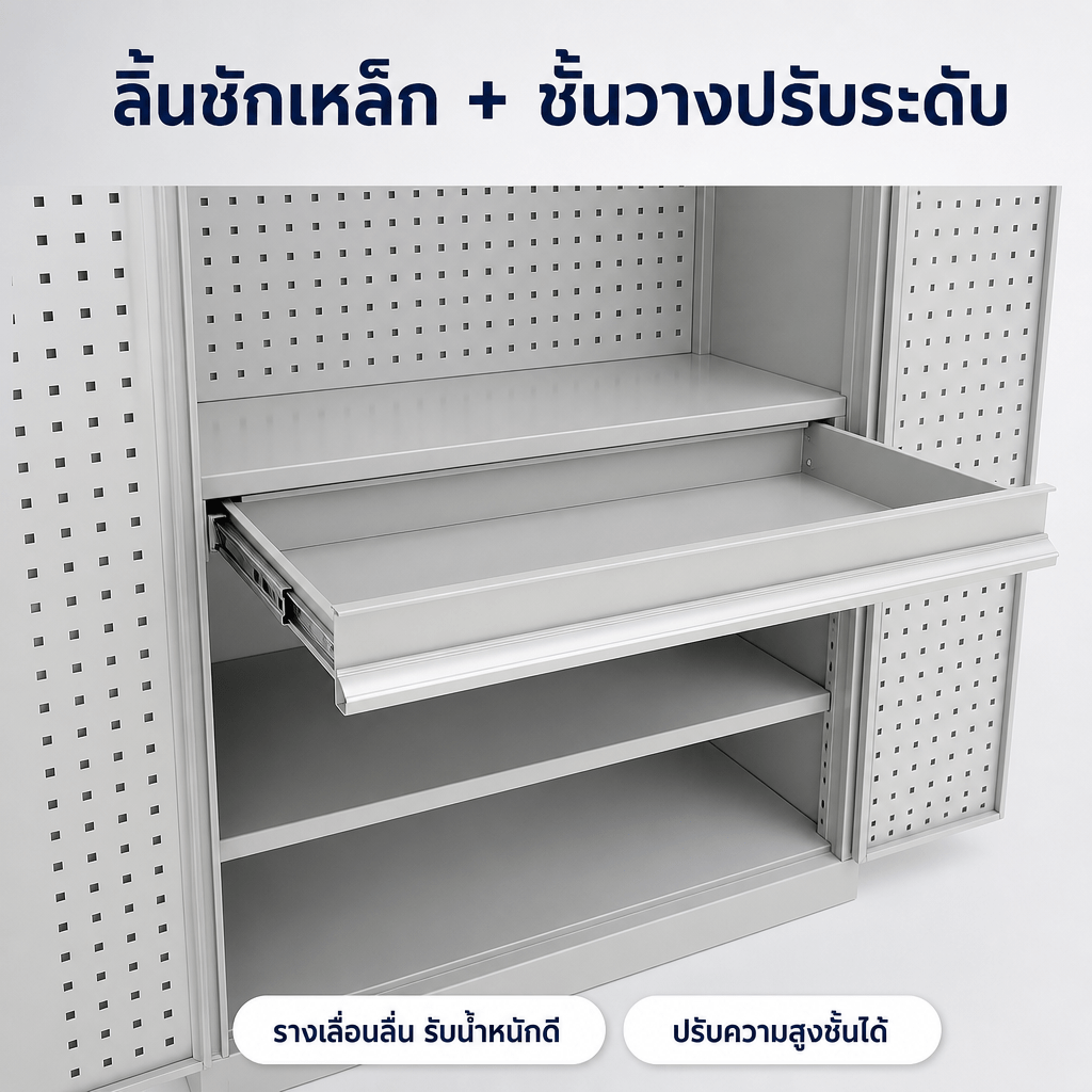 ลิ้นชักเหล็กรางเลื่อน และชั้นวางปรับระดับได้ SSM-01