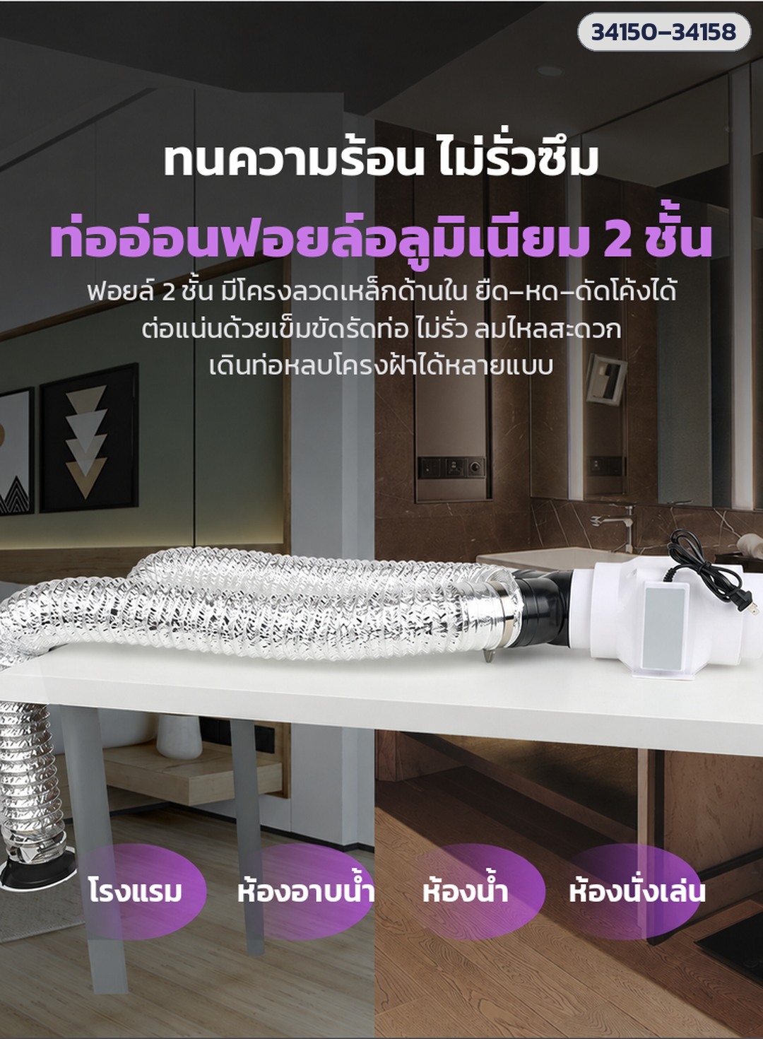 พัดลมดูดอากาศต่อท่อ – ท่ออ่อนฟอยล์อลูมิเนียม 2 ชั้น มีโครงลวด ยืด–หด–ดัดโค้งหลบโครงฝ้าได้