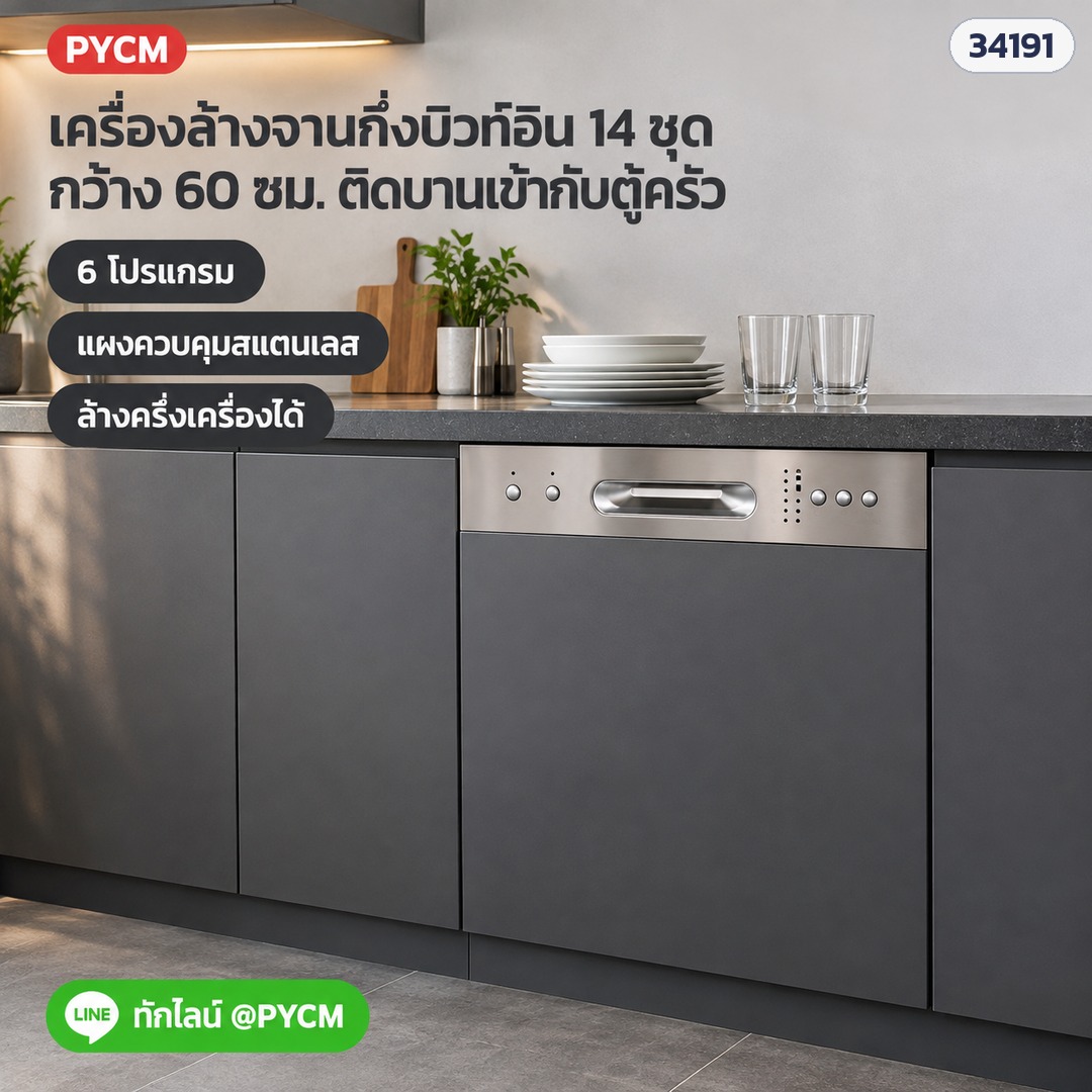 เครื่องล้างจานอัตโนมัติ กึ่งบิวท์อิน 60 ซม. 14 ชุด ภายใน 3 ชั้น 6 โปรแกรม ล้างครึ่งเครื่อง ตั้งเวลา 3/6/9 ชม. (ไม่มีบานหน้า ติดบานไม้ตามตู้ครัว) DW-SB14 - Image 3