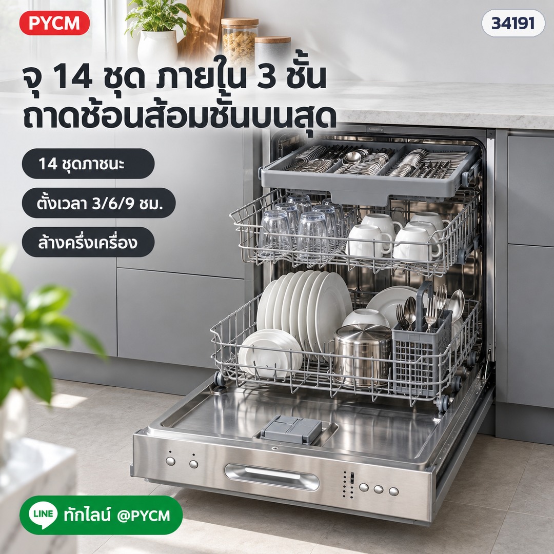 เครื่องล้างจานอัตโนมัติ กึ่งบิวท์อิน 60 ซม. 14 ชุด ภายใน 3 ชั้น 6 โปรแกรม ล้างครึ่งเครื่อง ตั้งเวลา 3/6/9 ชม. (ไม่มีบานหน้า ติดบานไม้ตามตู้ครัว) DW-SB14 - Image 7