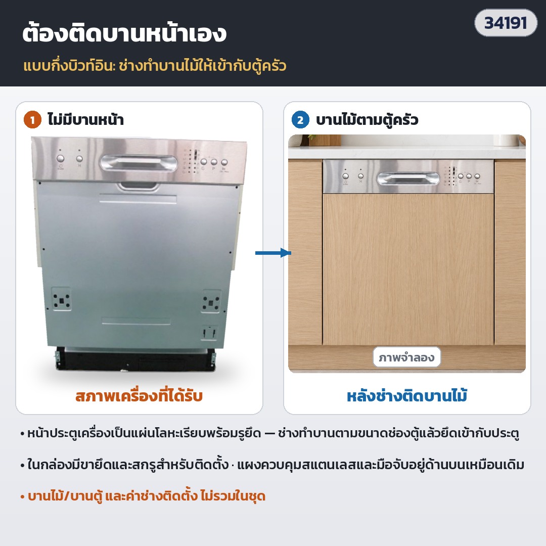 เครื่องล้างจานอัตโนมัติ กึ่งบิวท์อิน 60 ซม. 14 ชุด ภายใน 3 ชั้น 6 โปรแกรม ล้างครึ่งเครื่อง ตั้งเวลา 3/6/9 ชม. (ไม่มีบานหน้า ติดบานไม้ตามตู้ครัว) DW-SB14 - Image 2