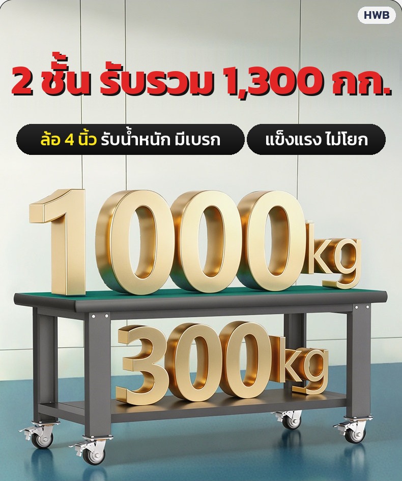 โต๊ะช่างเหล็ก 2 ชั้น หน้ายางเขียว มีล้อเบรก 4 นิ้ว โต๊ะทำงานโรงงาน โต๊ะซ่อมอิเล็กทรอนิกส์ 6 ขนาด 80-210 ซม. แบบลิ้นชัก - Image 7