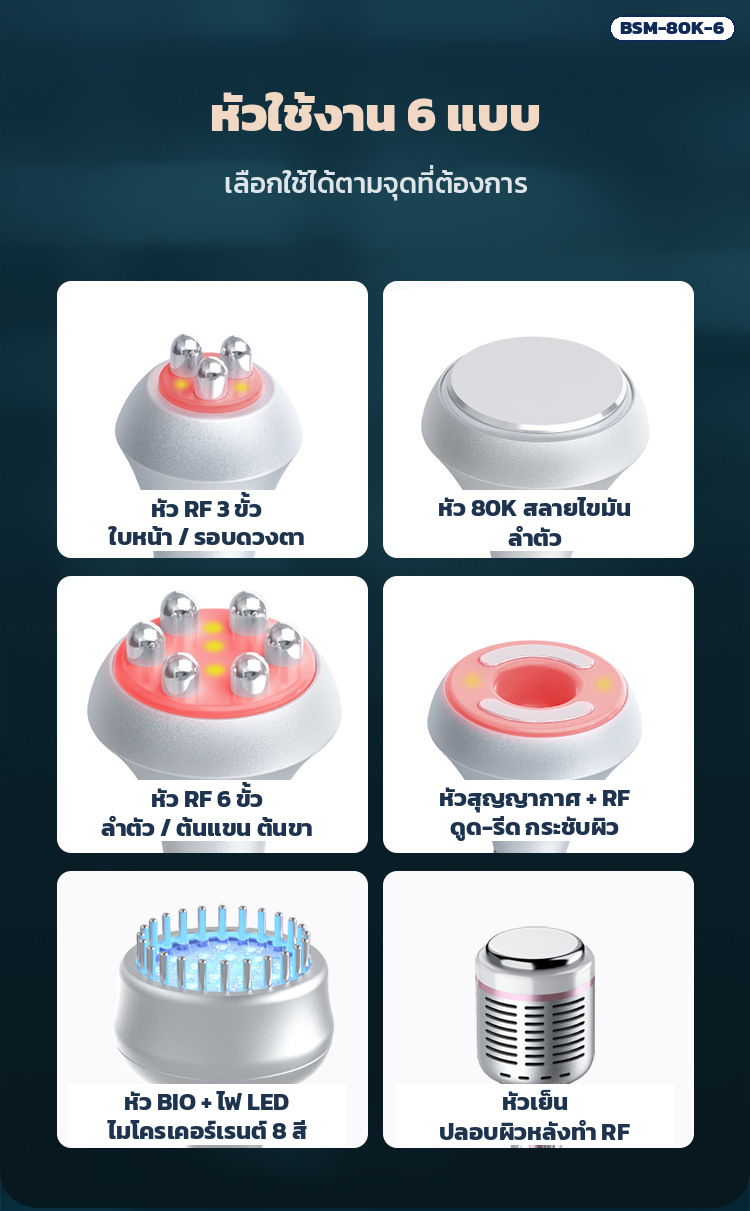 เครื่องดูแลผิวหน้าและเรือนร่าง 80K รุ่น 6 หัวในเครื่องเดียว RF / 80K / สุญญากาศ / BIO&LED / หัวเย็น จอสัมผัส - Image 3