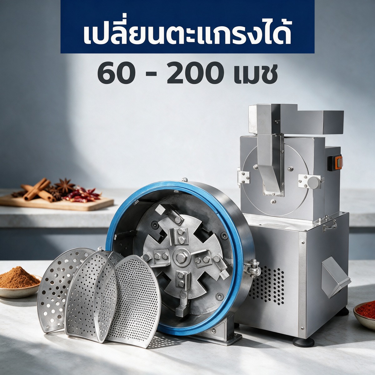 เครื่องบดผงสมุนไพร แบบคัดขนาด เปลี่ยนตะแกรงได้ 60-200 เมช ตัวถังสแตนเลส 4 รุ่น 5-65 กก./ชม. - Image 3