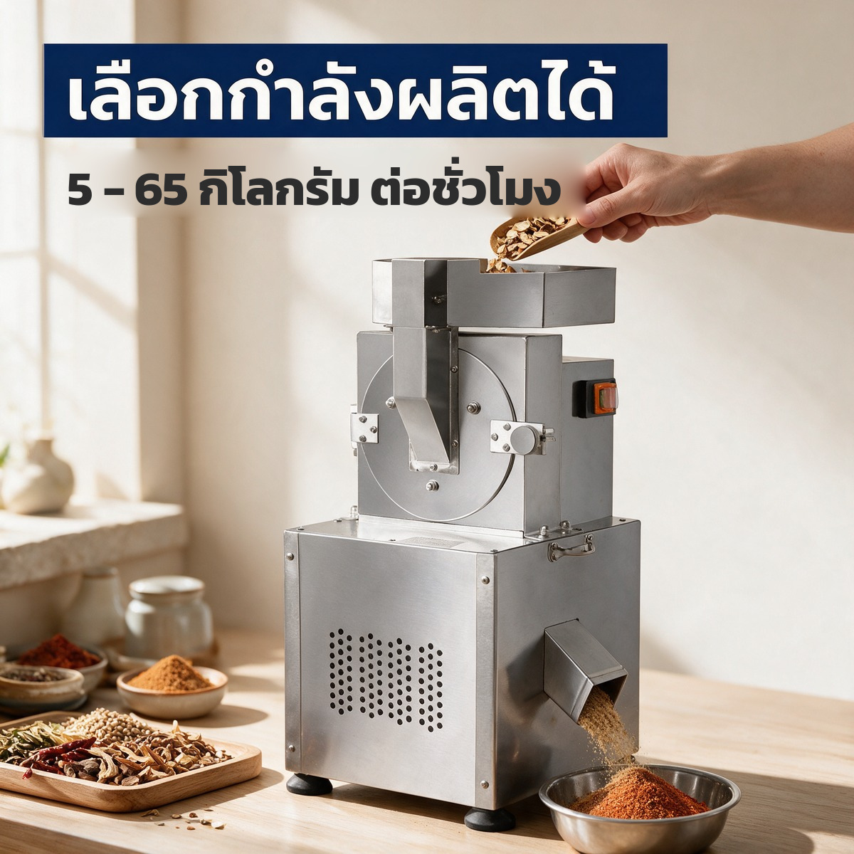 เครื่องบดผงสมุนไพร แบบคัดขนาด เปลี่ยนตะแกรงได้ 60-200 เมช ตัวถังสแตนเลส 4 รุ่น 5-65 กก./ชม. - Image 4