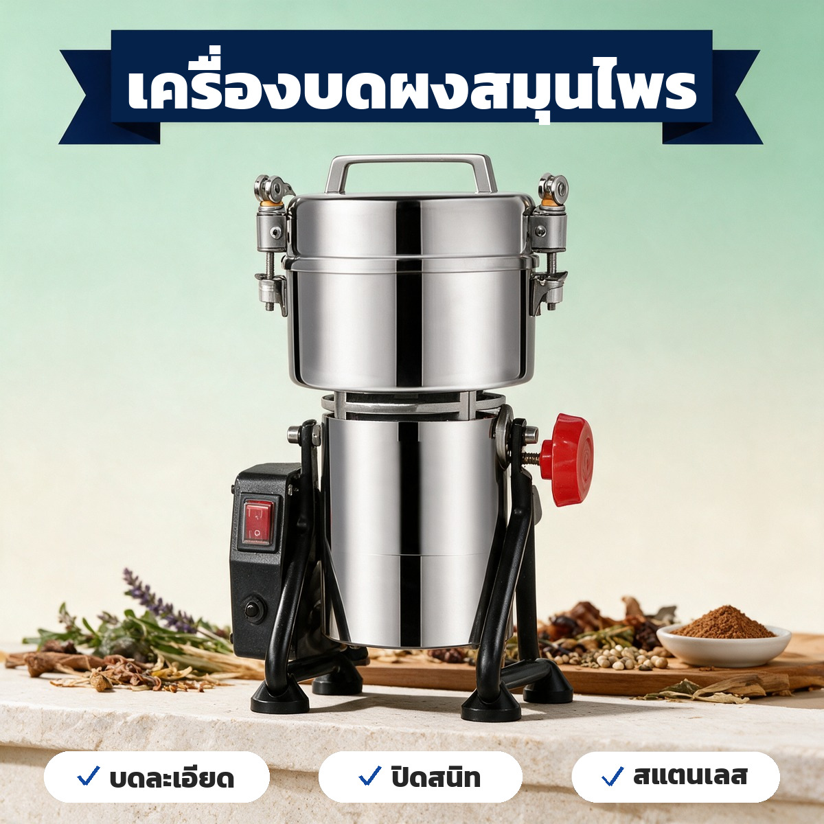 เครื่องบดผงสมุนไพร แบบโยกเหวี่ยง โถสแตนเลสปิดสนิท 25,000 รอบ/นาที ละเอียด 50-250 เมช