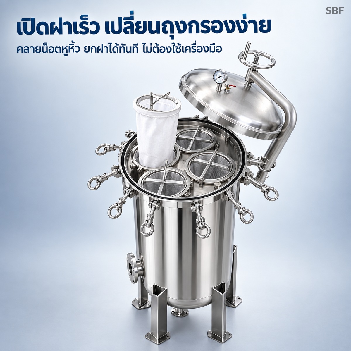 ถังกรองถุงสแตนเลส 304 กรองตะกอน โคลน ทราย สนิม ออกจากน้ำ 1 ถุงฝาเปิดเร็ว ถึง 8 ถุงหน้าแปลน - Image 3