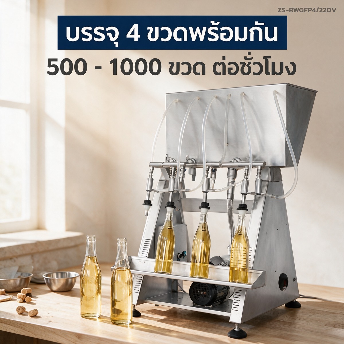 เครื่องบรรจุของเหลว แบบแรงโน้มถ่วง กึ่งอัตโนมัติ 4 หัวจ่าย บรรจุไวน์ น้ำผลไม้ ซีอิ๊ว 500-1000 ขวด/ชม. รุ่น ZS-RWGFP4 220V - Image 3