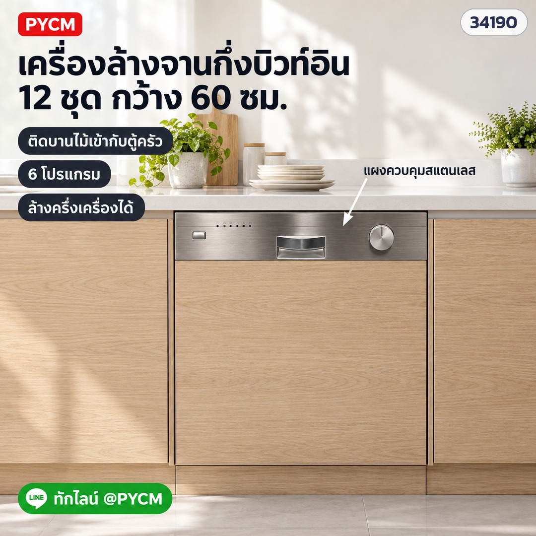 เครื่องล้างจานอัตโนมัติ กึ่งบิวท์อิน 60 ซม. 12 ชุด 6 โปรแกรม ล้างครึ่งเครื่อง แผงควบคุมสแตนเลส (ไม่มีบานหน้า ติดบานไม้ตามตู้ครัว) รุ่น DW-SB12 - Image 3