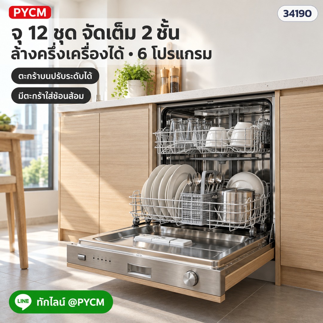 เครื่องล้างจานอัตโนมัติ กึ่งบิวท์อิน 60 ซม. 12 ชุด 6 โปรแกรม ล้างครึ่งเครื่อง แผงควบคุมสแตนเลส (ไม่มีบานหน้า ติดบานไม้ตามตู้ครัว) รุ่น DW-SB12 - Image 6