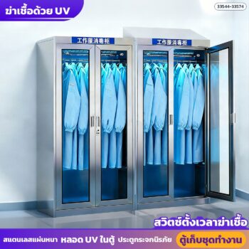ตู้เก็บชุดทำงานสแตนเลส 201 / 304 ตู้เปลี่ยนเสื้อผ้า ห้องคลีนรูม โรงงานอาหาร มีรุ่นหลอด UV ฆ่าเชื้อ บานเปิดคู่ / บานเลื่อน