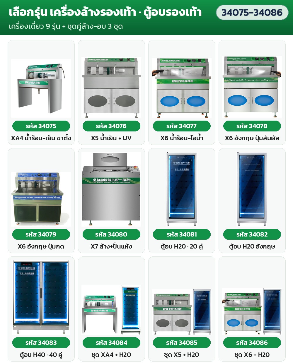 เครื่องล้างรองเท้าเชิงพาณิชย์ X-series + ตู้อบรองเท้า H-series แปรงหมุน 5 ตำแหน่ง น้ำร้อน-ไอน้ำ อบ 20/40 คู่ 12 รุ่น - Image 4