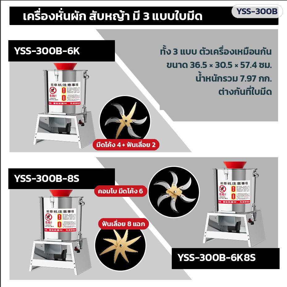 เครื่องหั่นผัก สับหญ้า ย่อยอาหารสัตว์ ถังสแตนเลส 1300W YSS-300B หั่นผัก มันเทศ หญ้าสด ข้าวโพด เลี้ยงหมู ไก่ เป็ด วัว - Image 2