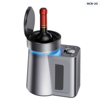เครื่องทำเย็นขวดตั้งโต๊ะ WCB-20 ทำเย็นทีละขวด แบบถังมีฝาเปิดอัตโนมัติ ตั้งอุณหภูมิ 2–20°C ใช้กับขวดไวน์ สปาร์กลิง โซดา ไม่ต้องใช้น้ำแข็ง 2 สี