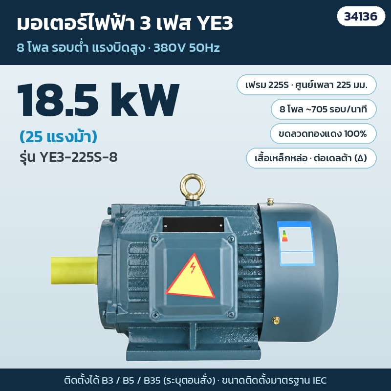 มอเตอร์ไฟฟ้า 3 เฟส YE3 8 โพล รอบต่ำ แรงบิดสูง 380V 7.5–22 kW เสื้อเหล็กหล่อ ขดลวดทองแดง 5 ขนาด - Image 6